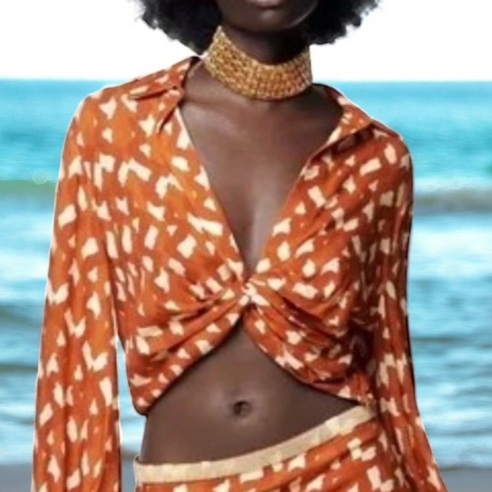 Zara Orange and crème Crop Top with beaded wrist size XS